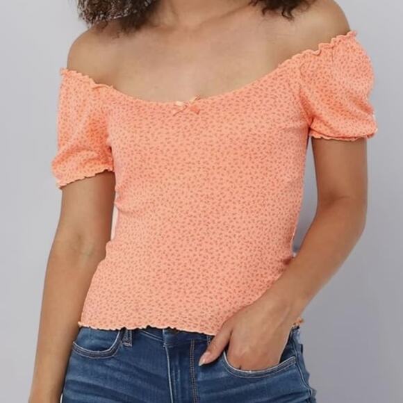 American Eagle Orange Floral Top woman's size small off the shoulder - Picture 1 of 16
